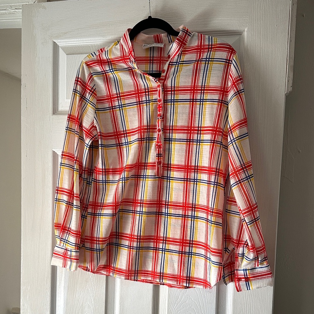 Plaid Button-Up Blouse - Red, Yellow, Blue
